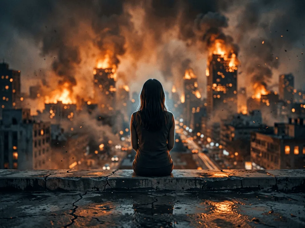 A woman on a rooftop looking toward a smoky city skyline lit by orange flames