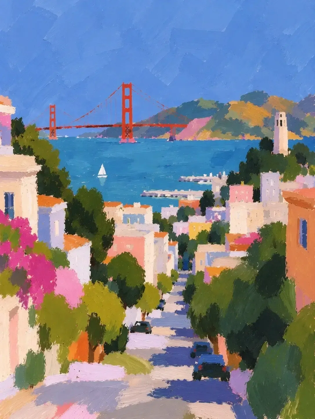 Impressionist painting of a San Francisco street descending toward the bay and Golden Gate Bridge