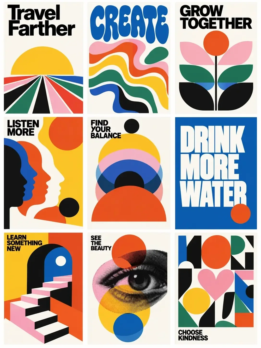 Nine mid-century modern posters with bold lettering and colorful geometric illustrations