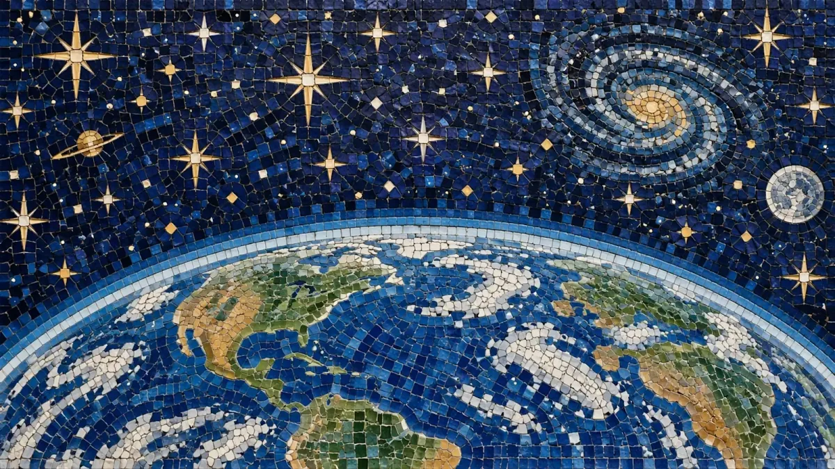 Blue and gold tile mosaic showing Earth beneath a star-filled sky with planets and a spiral galaxy