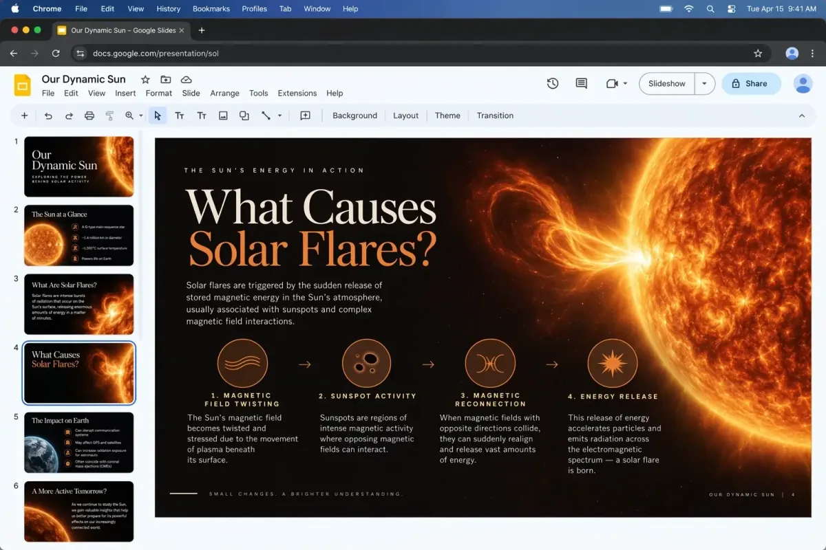 Presentation slide explaining what causes solar flares with an image of the Sun and a four-step diagram