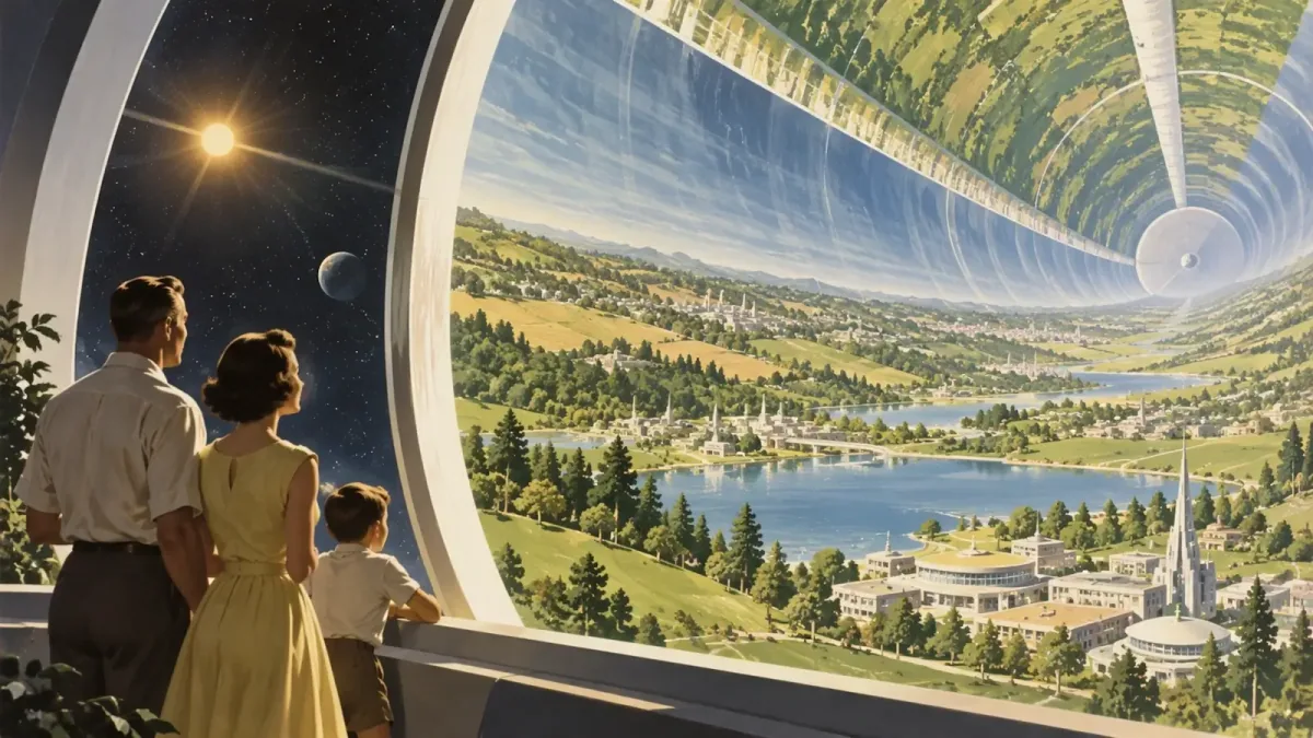1950s-style illustration of a family looking into a vast cylindrical space habitat filled with green landscapes, lakes, and futuristic buildings
