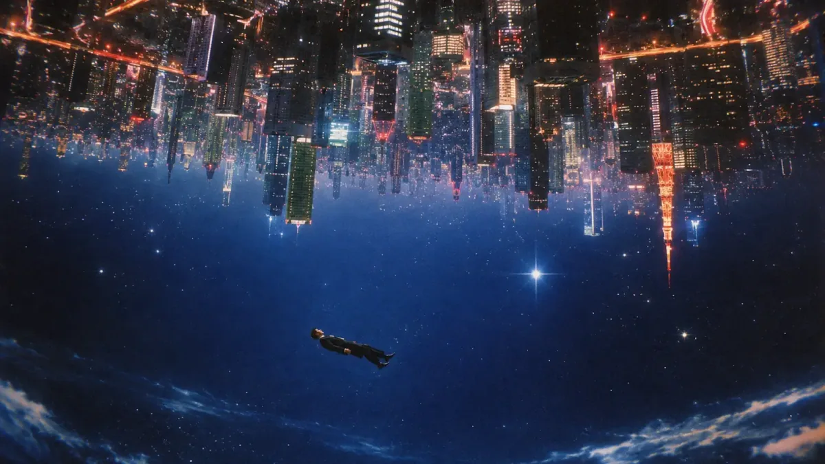 A person floating in a starry blue sky beneath an upside-down futuristic city