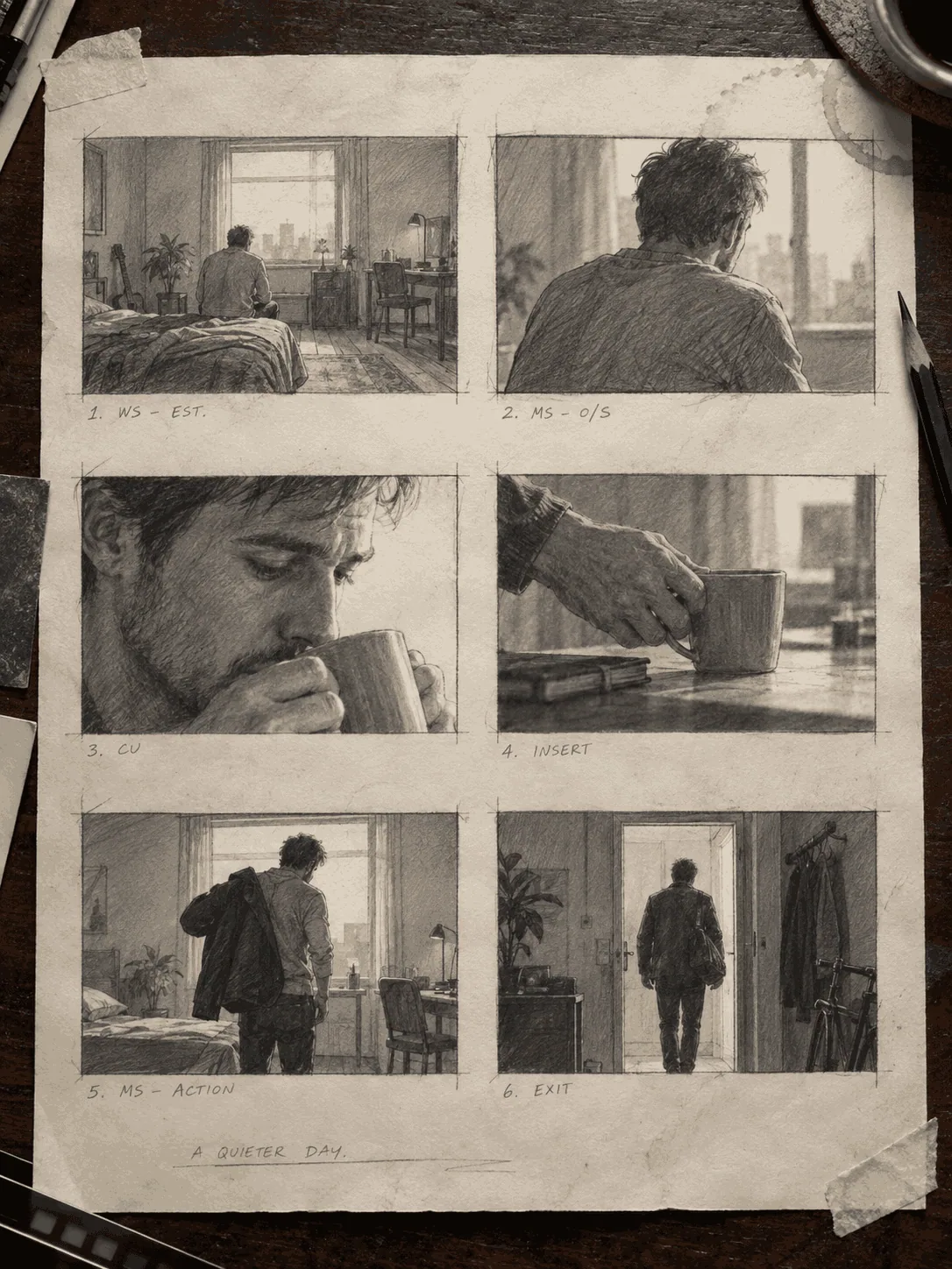 Six-panel storyboard created with GPT Image 2.5