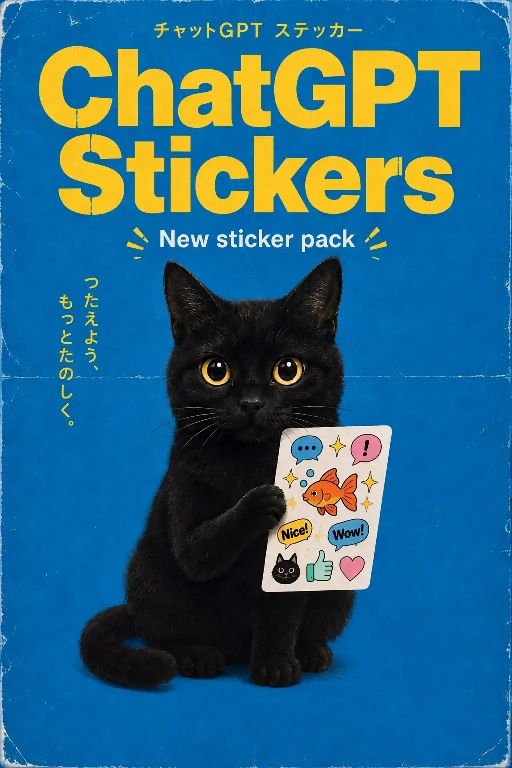 Vintage-style blue sticker poster with a black cat holding a colorful illustrated sticker sheet