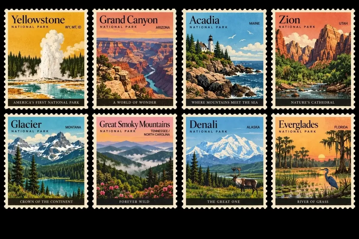Eight vintage-style stamps depicting Yellowstone, Grand Canyon, Acadia, Zion, Glacier, Great Smoky Mountains, Denali, and Everglades national parks