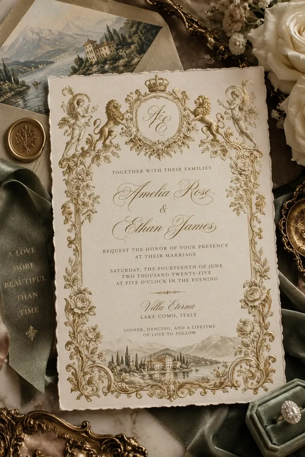 Ornate cream and gold wedding invitation with a crowned monogram, decorative lions, floral borders, and a Lake Como illustration